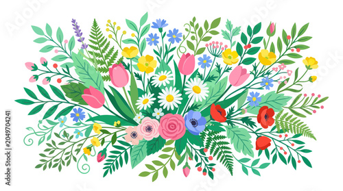Fotografija Vibrant Spring Floral Arrangement with Assorted Flowers and Greenery