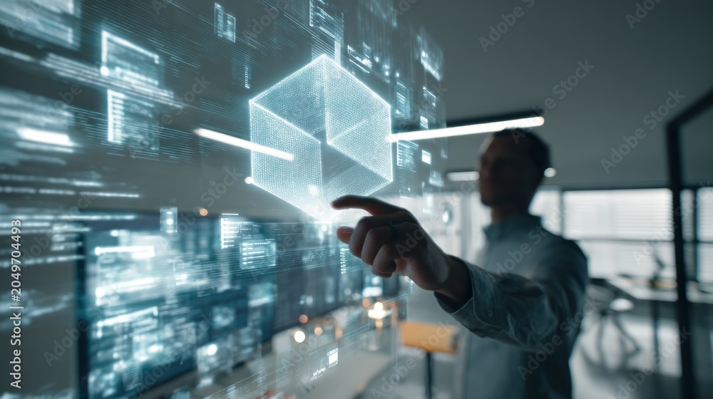 Obraz premium Man interacts with digital cube technology
