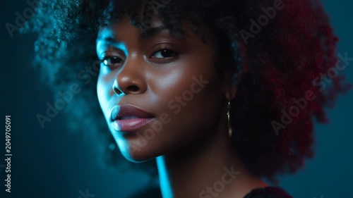 Young Woman With Afro Hair Illuminated by Neon Lights In Studio