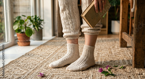Cozy home lifestyle scene featuring a person in knitted wool socks and loungewear holding a book on a textured natural fiber rug. Warm natural light, hygge atmosphere, slow living, comfort, relaxation