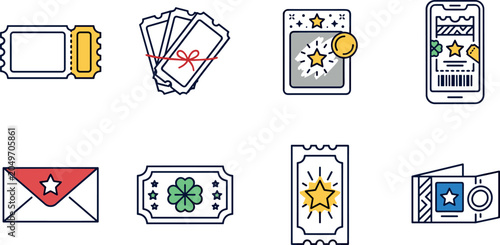 Lottery Ticket and Event Admission Raffle Icon Set with Scratch Card Lucky Clover Smartphone Ticket and Gift Envelope Symbols for Entertainment Websites and Apps