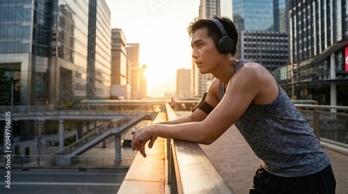 Running man resting in city profile view of a sweating Asian male runner with headphones leaning on a bridge during sunset.