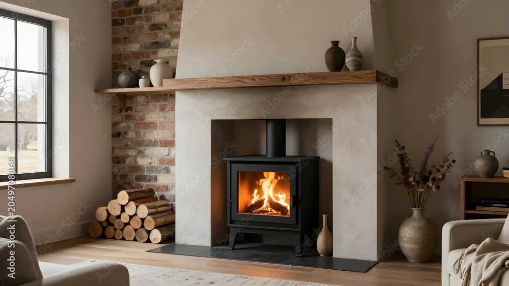 Fototapeta premium Cozy wood burning stove situated within a traditional smooth plaster chimney breast and surrounding living space