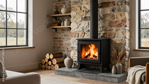 Corner wood burning stove with stone surround in an angled room design featuring an exposed hearth platform.