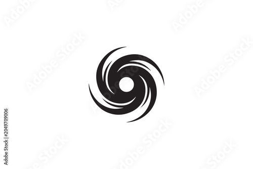 Abstract vortex spiral movement design element black icon with multiple curves depicting swirling motion power dynamic force isolated on white background.