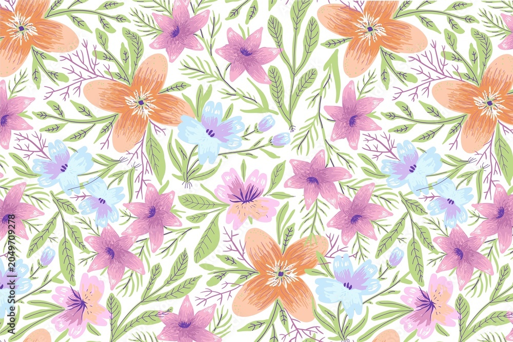 Obraz premium Watercolor floral seamless pattern with purple and orange blossoms on white background