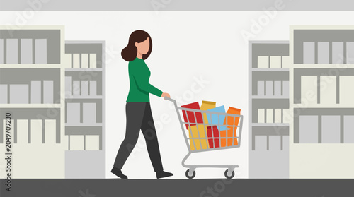 Tableau sur toile Woman Pushing Shopping Cart Full of Groceries in Supermarket Aisle