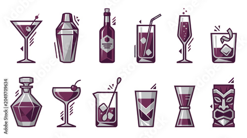 Bild auf Leinwand Cocktail and Barware Icon Set