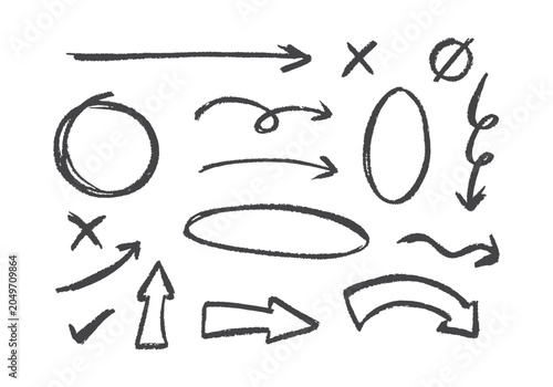 set doodle arrow sign and circle highlight marker hand drawn vector