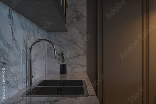 Photos Modern Luxury Kitchen Interior with Calacatta Marble Backsplash and Undermount S