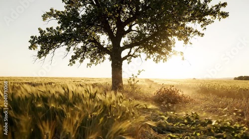 Golden sunset over a vibrant green wheat field with a lone tree, depicting nature, agriculture, and tranquility