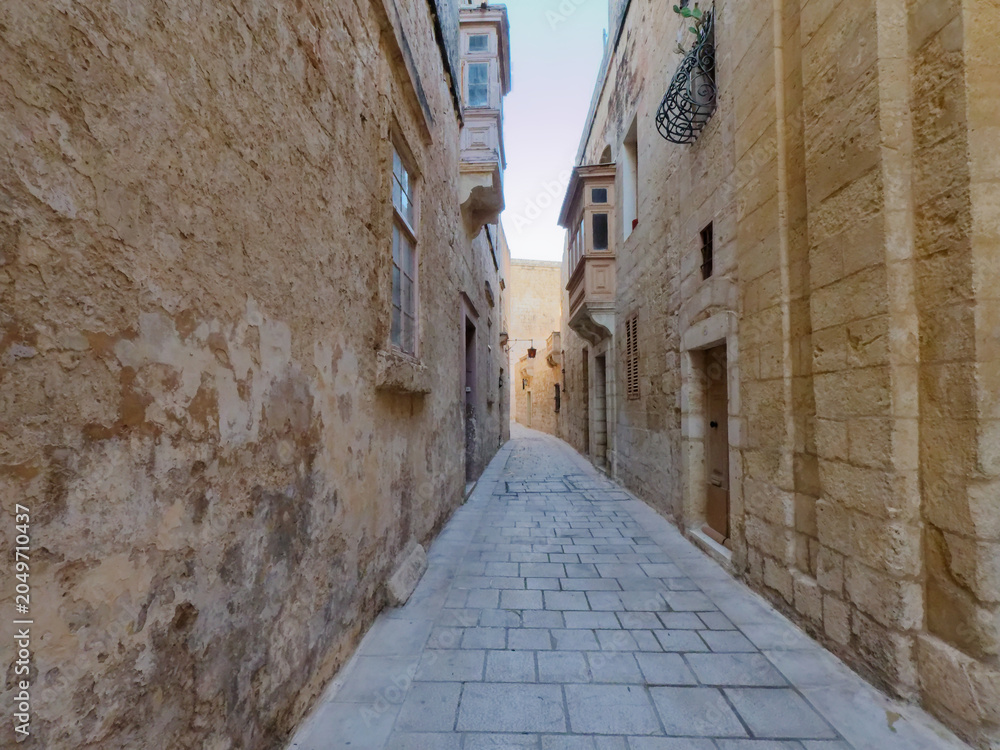 Obraz premium Narrow cobblestone alley between traditional old limestone residential houses and balconies in Mdina, Malta