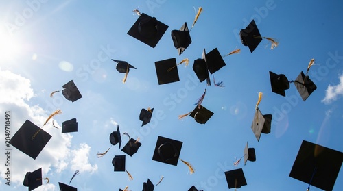 Bild auf Leinwand Graduation caps flying in the air against bright blue sky with clouds