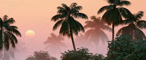 Panel kuchenny z motywem Tropical palm trees silhouetted against a glowing sunrise with mist among lush leaves in a serene paradise.