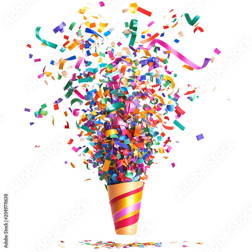 Party Popper Exploding Colorful Ribbons Isolated On Transparent Background