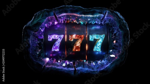 Colorful slot machine symbols show number seven within a bright, icy frame at a gaming venue during the night