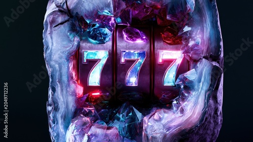 777 slots show bright colors from a frozen machine with icy crystals around the numbers in a dark background