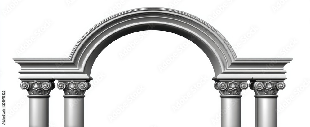 Naklejka premium Silver decorative arch with pillars stands like a starry gateway against a blank canvas.