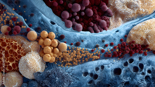 microscopic skin environment cells bacteria abstract biology