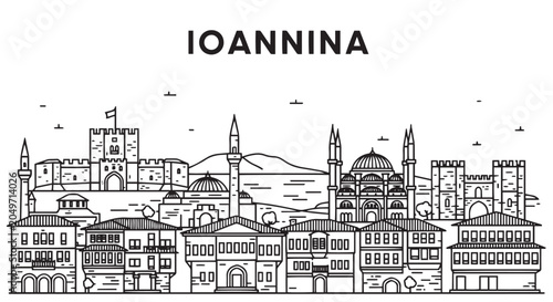 Bild auf Leinwand Ioannina Cityscape Illustration Black and White Vector Art