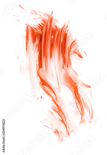 Dripping blood isolated on white background. Flowing bloody stains, splashes and drops. Trail and drips red blood close up