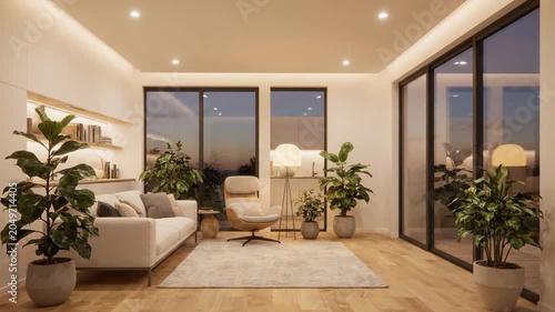 Modern living room interior with large windows and sunset view, a cozy atmosphere for home and relaxation