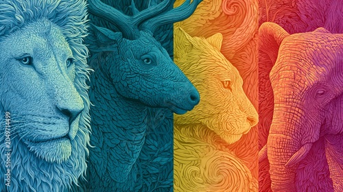 Painting of abstract, colorful animals in the style of art nouveau