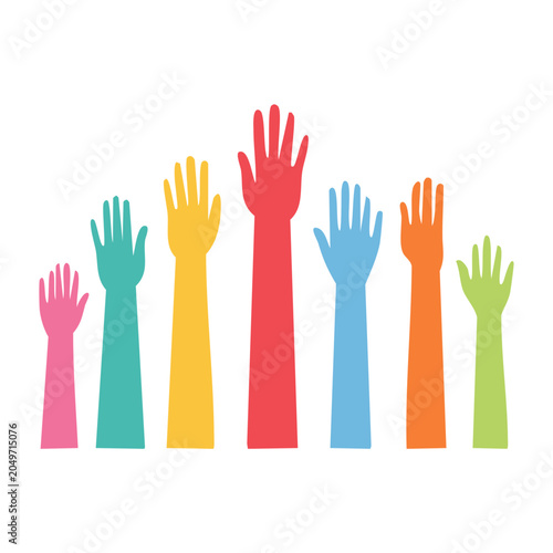 Diverse raised hands in various colors