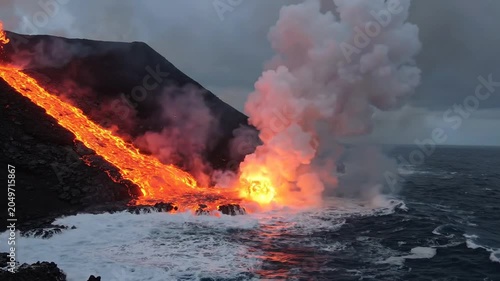 Molten lava flowing into the ocean, generating steam and smoke, volcanic eruption with glowing hot magma, natural disaster