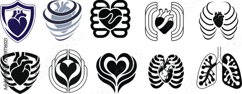 Heart Care and Healthcare Medical Icons Set – Cardiology, Anatomy, Lungs and Protection Vector Collection