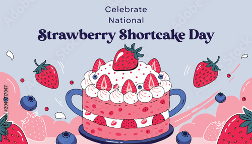 Bild auf Leinwand Decorative illustration celebrating national strawberry shortcake day with fresh