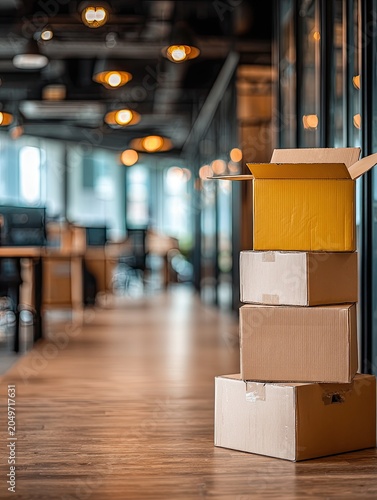 Stacked cardboard boxes in a modern office hallway, ready for movement