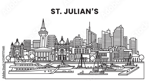 Schilderij op canvas St Julians Malta Skyline Cityscape Yacht Harbor Illustration