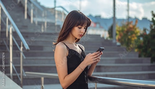 Young woman using smartphone on stairs.