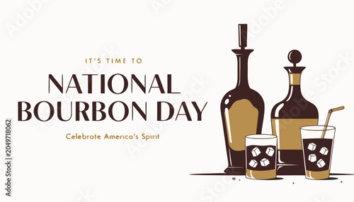 Tableau sur toile Elegant brown bottles and glasses celebrating national bourbon day festival even