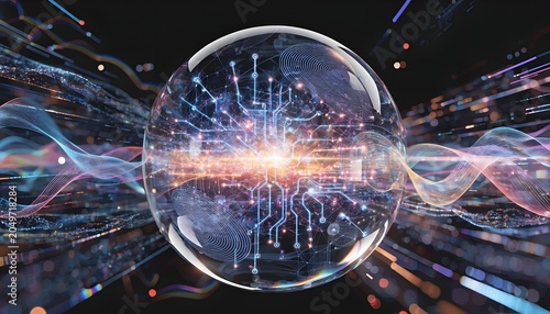 Futuristic glowing orb, circuit board, neon light trails, abstract technology background, sci-fi elements