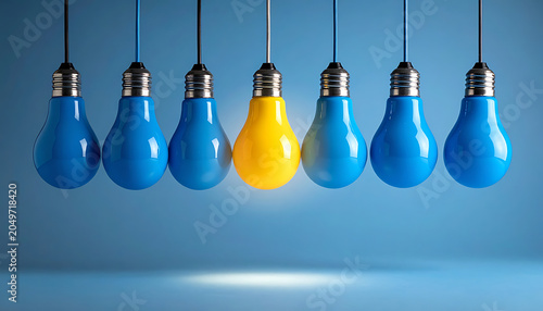Unique yellow light bulb glowing brightly among many blue ones, representing individuality and innovation, idea concept