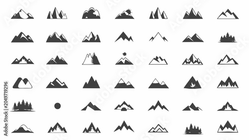 Fotografie Collection of thirty six dark gray mountain silhouettes on a white background mi