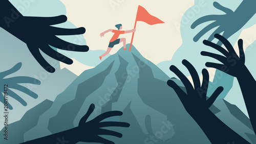 Schilderij op canvas A person running with a red flag atop a mountain surrounded by reaching hands ve