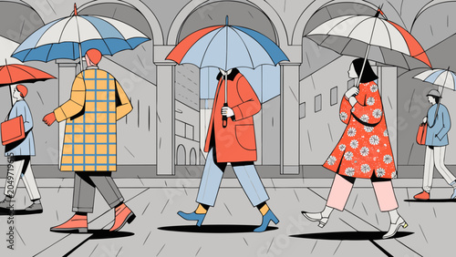 People with umbrellas walking down a city street a colorful vector illustration adults ambulation architecture autumn