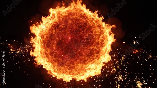 Fiery explosion creating a sphere of intense orange flames and burning particles on a black background, representing power, destruction, or energy