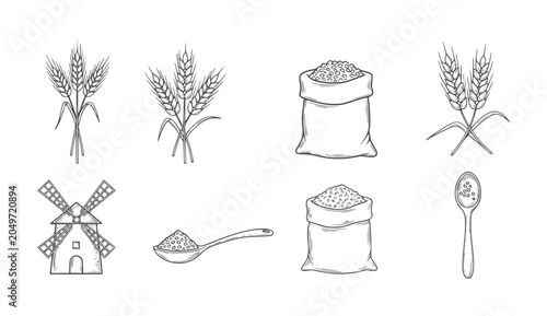 Foto Hand drawn wheat stalks sacks spoon and windmill grain