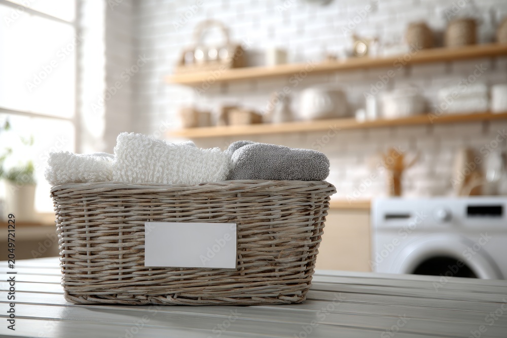 Fototapeta premium Wicker basket with folded towels on a table, laundry room background