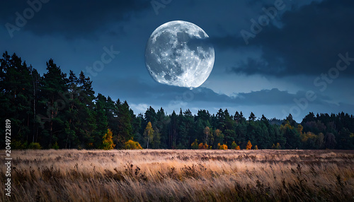 Vast field with dry grass in foreground under a full moon and dark clouds, dense forest line in background, night sky