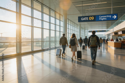 Passengers walking with luggage in airport terminal hallway near gate during sunset