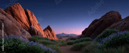 Panel kuchenny z motywem Serene Desert Rock Formations glow like golden dreams under a warm sunset.