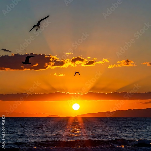 Sunset over ocean with flying birds.