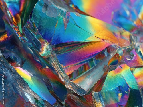Abstract, fractured crystal shards gleam with vibrant, iridescent, multicolored light