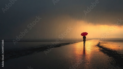 Solitary figure with red umbrella walks on wet shore under stormy, sunset sky