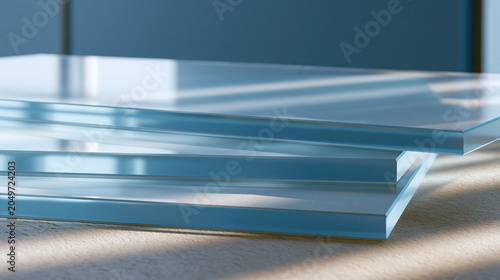 Stacked translucent glass sheets with overlapping edges casting subtle refracted shadow gradients, abstract minimal composition ideal for architectural glazing industry, optical